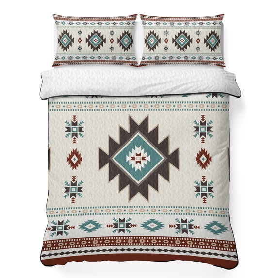 Twin Quilt Set 68''x86'', Boho Southwest Lightweight Summer Bedspread Coverlet Set with 2 Pillow Shams, Bohemian Country Geometric Motifs Breathable All Season Quilt Bedding for Dorm/Bedroom