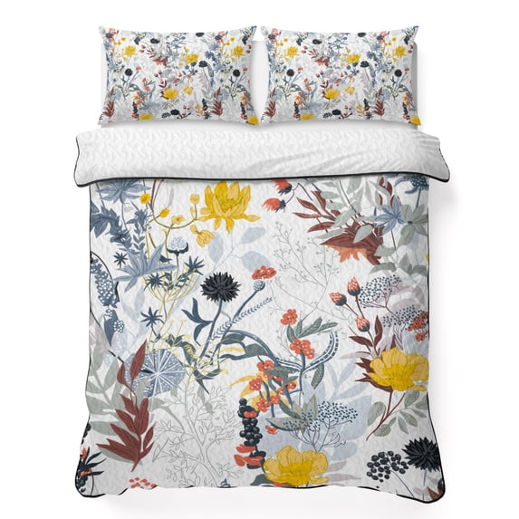 Twin Quilt Set 68''x86'', Botanical Flowers Lightweight Summer Bedspread Coverlet Set with 2 Pillow Shams, Farmhouse Pastoral Floral Plants Breathable All Season Quilt Bedding for Dorm/Bedroom