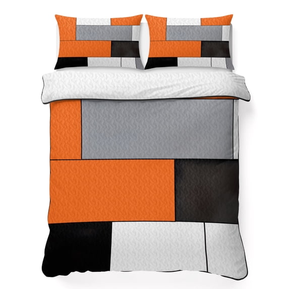 Twin Quilt Set 68''x86'', Burnt Orange Black Grey Lightweight Bedspread Coverlet Set with 2 Pillow Shams, Modern Irregular Geometric Abstract Breathable All Season Quilt Bedding for Dorm/Bedroom