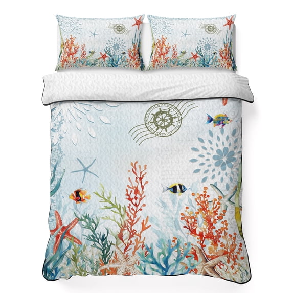 Twin Quilt Set 68''x86'', Coastal Blue Lightweight Summer Bedspread Coverlet Set with 2 Pillow Shams, Ocean Coral Starfish Shell Nautical Seagrass Breathable All Season Quilt Bedding for Dorm/Bedroom