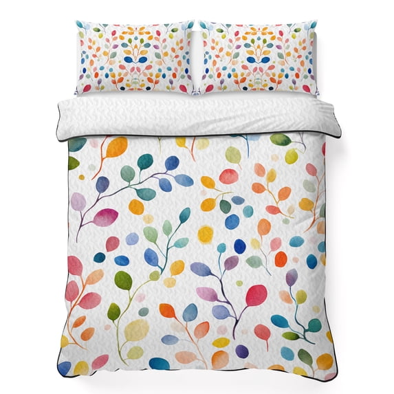 Twin Quilt Set 68''x86'', Colorful Leaves Lightweight Summer Bedspread Coverlet Set with 2 Pillow Shams, Modern Boho Painting Plant Branch Breathable All Season Quilt Bedding for Dorm/Bedroom