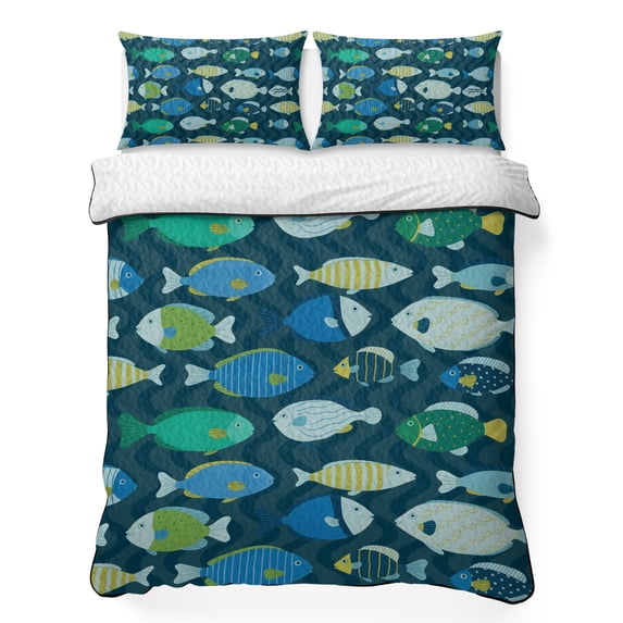 Twin Quilt Set 68''x86'', Deep Green Fishes Lightweight Summer Bedspread Coverlet Set with 2 Pillow Shams, Cartoon Coastal Ocean Fish Striped Breathable All Season Quilt Bedding for Dorm/Bedroom