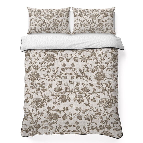 Twin Quilt Set 68''x86'', Farmhouse Brown Lightweight Summer Bedspread Coverlet Set with 2 Pillow Shams, Vintage Flower Leaf Botanical Plant Breathable All Season Quilt Bedding for Dorm/Bedroom