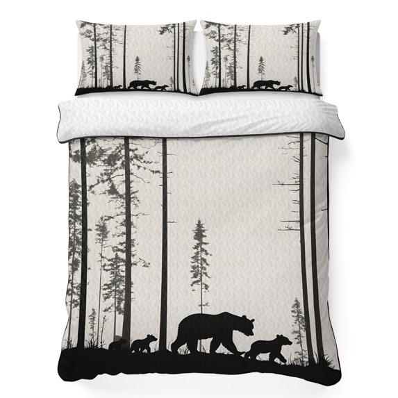 Twin Quilt Set 68''x86'', Forest Bear Family Lightweight Summer Bedspread Coverlet Set with 2 Pillow Shams, Trees Nature Tree Landscape Scene Breathable All Season Quilt Bedding for Dorm/Bedroom