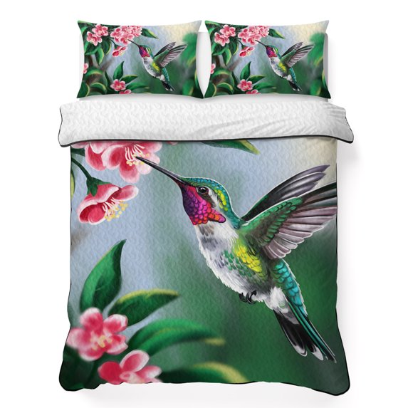 Twin Quilt Set 68''x86'', Green Hummingbird Lightweight Summer Bedspread Coverlet Set with 2 Pillow Shams, Spring Summer Pink Flower Leaf Breathable All Season Quilt Bedding for Dorm/Bedroom