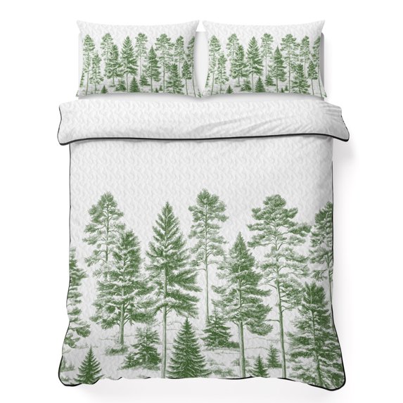 Twin Quilt Set 68''x86'', Green Pine Tree Lightweight Summer Bedspread Coverlet Set with 2 Pillow Shams, Vintage Watercolor Botanical Breathable All Season Quilt Bedding for Dorm/Bedroom