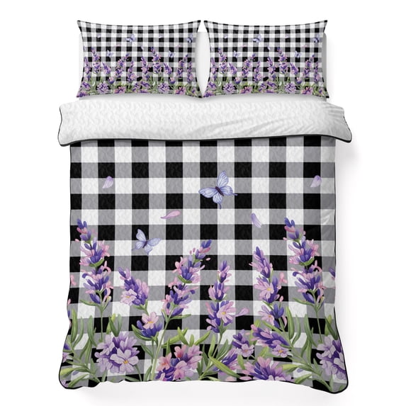 Twin Quilt Set 68''x86'', Lavender Floral Lightweight Summer Bedspread Coverlet Set with 2 Pillow Shams, Purple Flowers Butterfly Black Gray Plaid Breathable All Season Quilt Bedding for Dorm/Bedroom