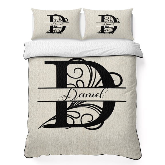 Twin Quilt Set 68''x86'', Letter D Lightweight Summer Bedspread Coverlet Set with 2 Pillow Shams, Monogram Words Breathable All Season Quilt Bedding for Dorm/Bedroom