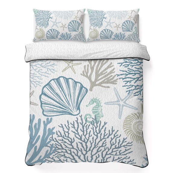 Twin Quilt Set 68''x86'', Light Blue Coastal Lightweight Summer Bedspread Coverlet Set with 2 Pillow Shams, Summer Beach Coral Shell Starfish Breathable All Season Quilt Bedding for Dorm/Bedroom