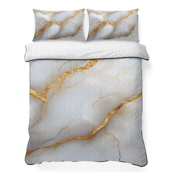 Twin Quilt Set 68''x86'', Marble Grey Lightweight Summer Bedspread Coverlet Set with 2 Pillow Shams, Gold Texture Modern Crack Scenery Breathable All Season Quilt Bedding for Dorm/Bedroom