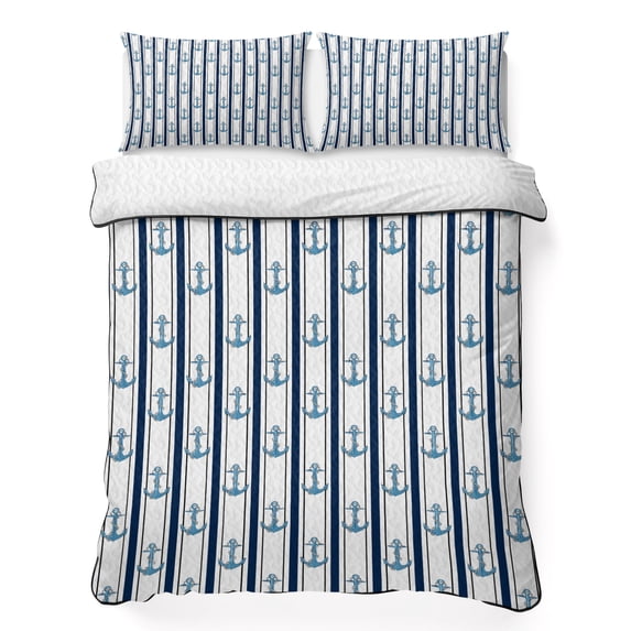 Twin Quilt Set 68''x86'', Navy Blue Anchor Nautical Lightweight Summer Bedspread Coverlet Set with 2 Pillow Shams, Coastal Ocean Summer Beach Breathable All Season Quilt Bedding for Dorm/Bedroom