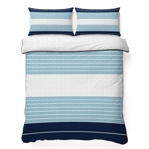 Twin Quilt Set 68''x86'', Navy Blue Aqua Stripe Lightweight Summer Bedspread Coverlet Set with 2 Pillow Shams, Modern Art Horizontal Striped Breathable All Season Quilt Bedding for Dorm/Bedroom