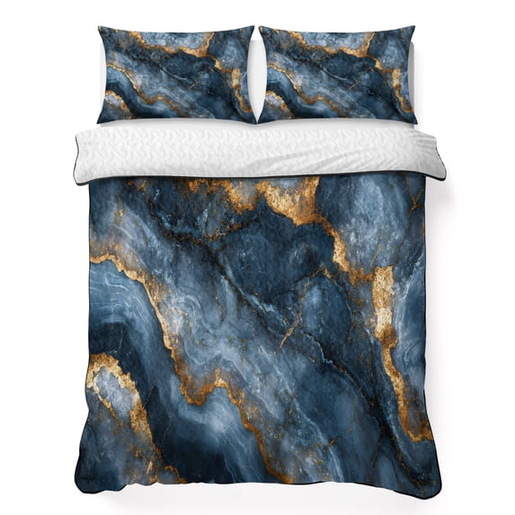 Twin Quilt Set 68''x86'', Navy Blue Marble Lightweight Summer Bedspread Coverlet Set with 2 Pillow Shams, Modern Art Contemporary Yellow Breathable All Season Quilt Bedding for Dorm/Bedroom