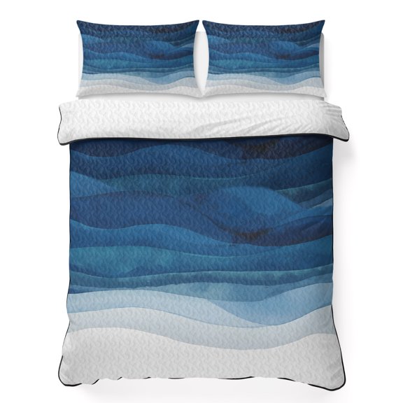 Twin Quilt Set 68''x86'', Navy Blue Ombre Lightweight Summer Bedspread Coverlet Set with 2 Pillow Shams, Modern Moire Gradient Watercolor Breathable All Season Quilt Bedding for Dorm/Bedroom