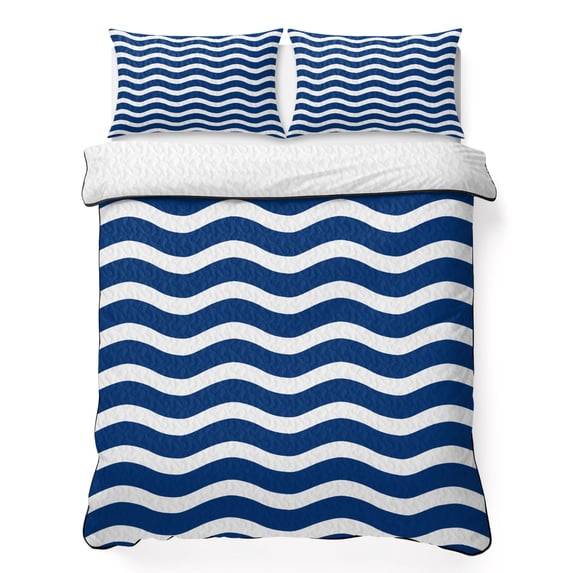 Twin Quilt Set 68''x86'', Navy Blue White Lightweight Summer Bedspread Coverlet Set with 2 Pillow Shams, Abstract Waves Water Ripple Striped Breathable All Season Quilt Bedding for Dorm/Bedroom