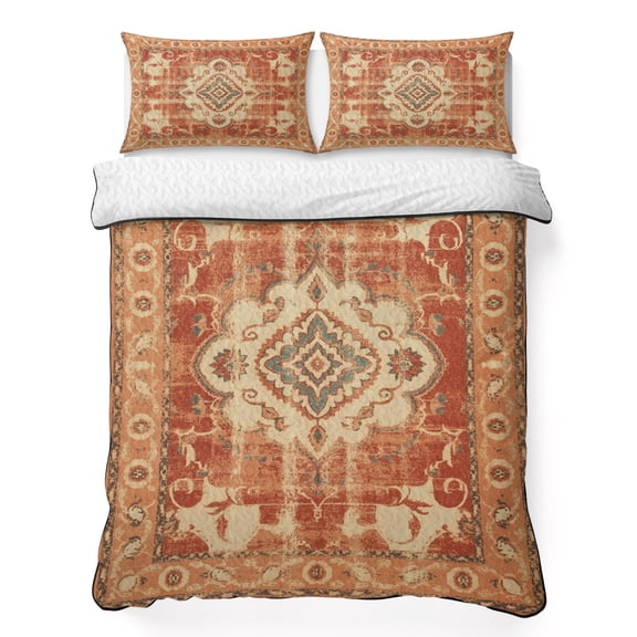 Twin Quilt Set 68''x86'', Orange Boho Lightweight Summer Bedspread Coverlet Set with 2 Pillow Shams, Geometric Antique Tribal Retro Ethnic Breathable All Season Quilt Bedding for Dorm/Bedroom