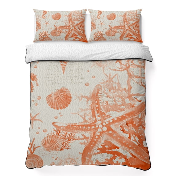 Twin Quilt Set 68''x86'', Orange Coastal Starfish Lightweight Summer Bedspread Coverlet Set with 2 Pillow Shams, Farmhouse Nautical Coral Conch Breathable All Season Quilt Bedding for Dorm/Bedroom