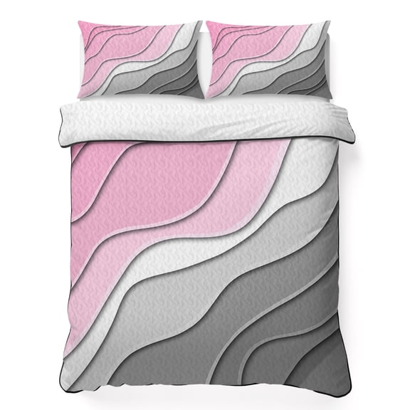 Twin Quilt Set 68''x86'', Pink Grey Ombre Lightweight Bedspread Coverlet Set with 2 Pillow Shams, Modern Geometric Abstract Cream Breathable All Season Quilt Bedding for Dorm/Bedroom