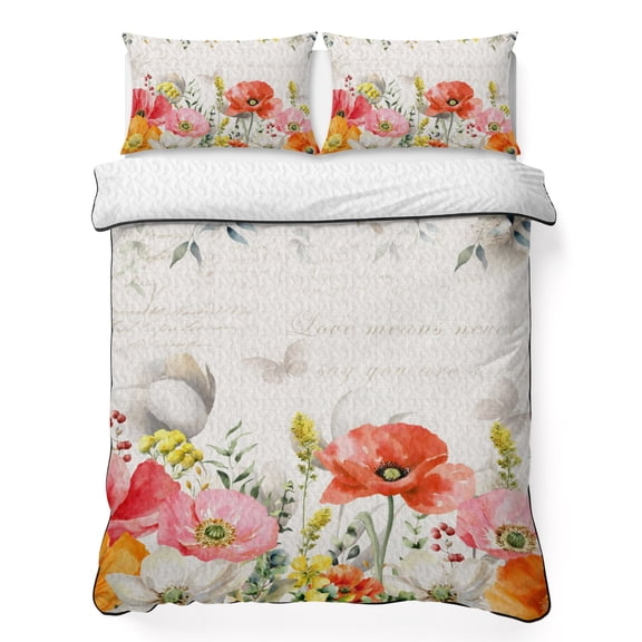 Twin Quilt Set 68''x86'', Pink Yellow Floral Lightweight Summer Bedspread Coverlet Set with 2 Pillow Shams, Spring Flowers Elegant Pastoral Leaves Breathable All Season Quilt Bedding for Dorm/Bedroom