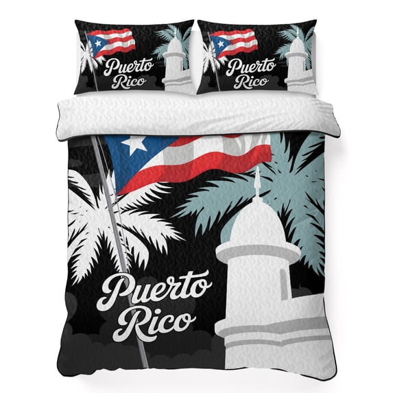 Twin Quilt Set 68''x86'', Puerto Rico Flag Lightweight Summer Bedspread Coverlet Set with 2 Pillow Shams, Modern Art Palm Tree American Flags Breathable All Season Quilt Bedding for Dorm/Bedroom