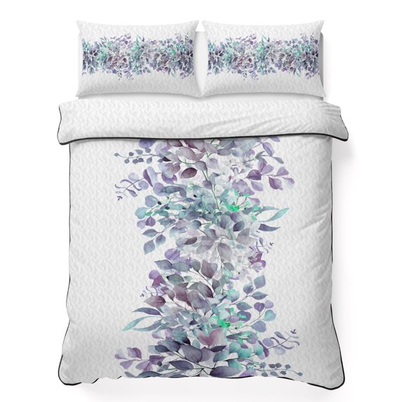 Twin Quilt Set 68''x86'', Purple Blue Eucalyptus Leaves Lightweight Bedspread Coverlet Set with 2 Pillow Shams, Spring Summer Botanical Floral Breathable All Season Quilt Bedding for Dorm/Bedroom
