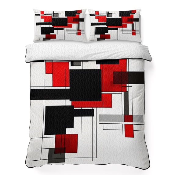 Twin Quilt Set 68''x86'', Red Grey Black Lightweight Summer Bedspread Coverlet Set with 2 Pillow Shams, Irregular Modern Geometric Abstract Breathable All Season Quilt Bedding for Dorm/Bedroom