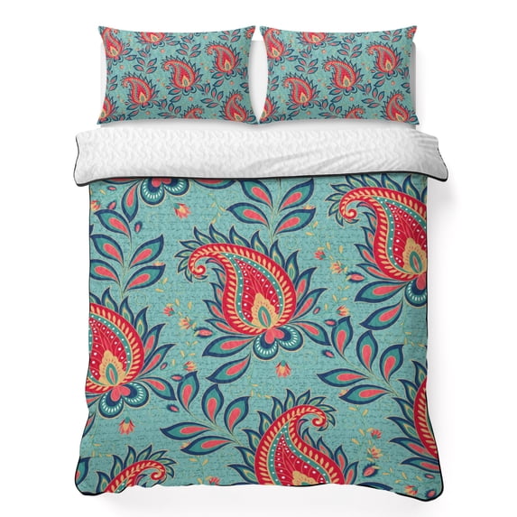 Twin Quilt Set 68''x86'', Red Teal Boho Botanical Lightweight Summer Bedspread Coverlet Set with 2 Pillow Shams, Southwestern Retro Ethnic Tribal Breathable All Season Quilt Bedding for Dorm/Bedroom
