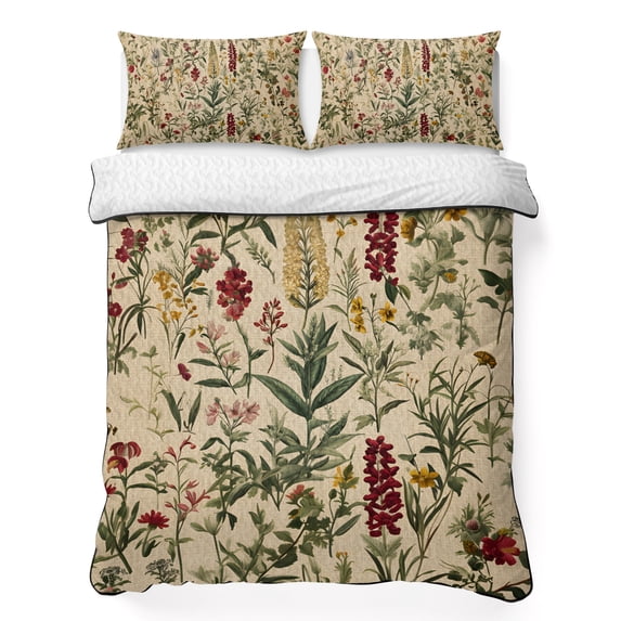 Twin Quilt Set 68''x86'', Rustic Botanical Lightweight Summer Bedspread Coverlet Set with 2 Pillow Shams, Vintage Floral Wildflower Breathable All Season Quilt Bedding for Dorm/Bedroom