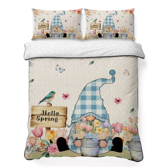 Twin Quilt Set 68''x86'', Spring Gnomes Floral Lightweight Summer Bedspread Coverlet Set with 2 Pillow Shams, Pink Tulip Botanical Beige Burlap Breathable All Season Quilt Bedding for Dorm/Bedroom