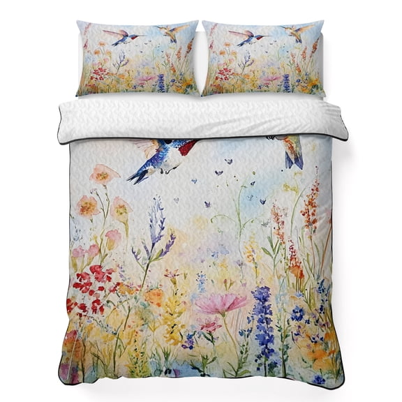 Twin Quilt Set 68''x86'', Spring Hummingbird Floral Lightweight Summer Bedspread Coverlet Set with 2 Pillow Shams, Farmhouse Flower Botanical Breathable All Season Quilt Bedding for Dorm/Bedroom