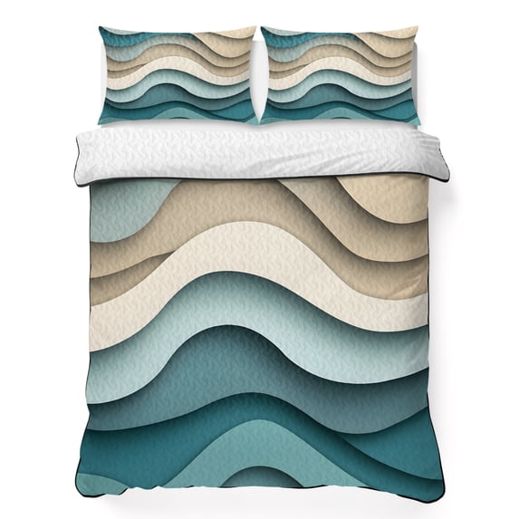 Twin Quilt Set 68''x86'', Teal Beige Ombre Lightweight Summer Bedspread Coverlet Set with 2 Pillow Shams, Moire Modern Abstract Art Geometric Breathable All Season Quilt Bedding for Dorm/Bedroom