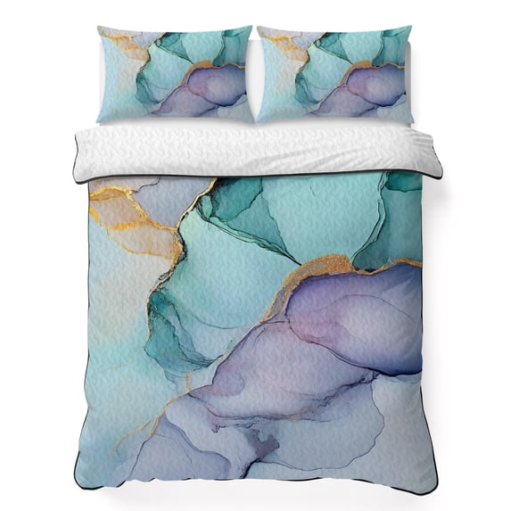 Twin Quilt Set 68''x86'', Teal Purple Marble Lightweight Summer Bedspread Coverlet Set with 2 Pillow Shams, Modern Abstract Luxury Ink Painting Breathable All Season Quilt Bedding for Dorm/Bedroom