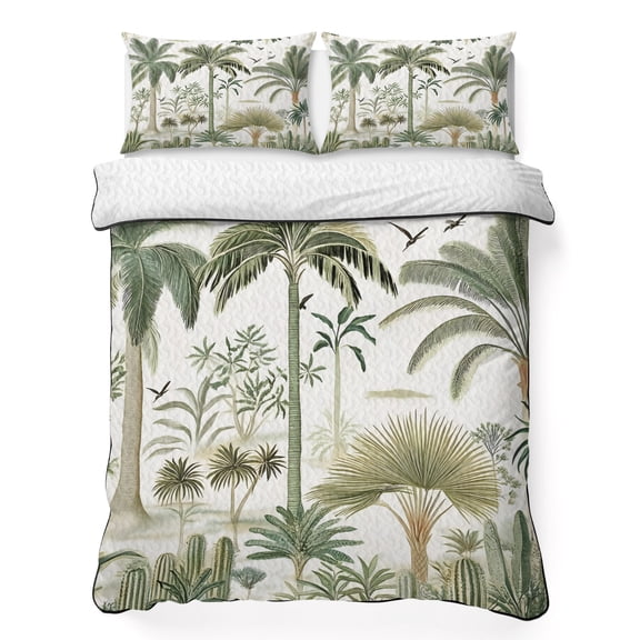 Twin Quilt Set 68''x86'', Tropical Green Palm Tree Lightweight Summer Bedspread Coverlet Set with 2 Pillow Shams, Summer Beach Cactus Breathable All Season Quilt Bedding for Dorm/Bedroom