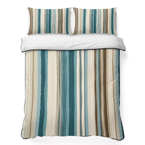 Twin Quilt Set 68''x86'', Turquoise Beige Lightweight Summer Bedspread Coverlet Set with 2 Pillow Shams, Boho Vertical Stripes Bohemian Retro Breathable All Season Quilt Bedding for Dorm/Bedroom