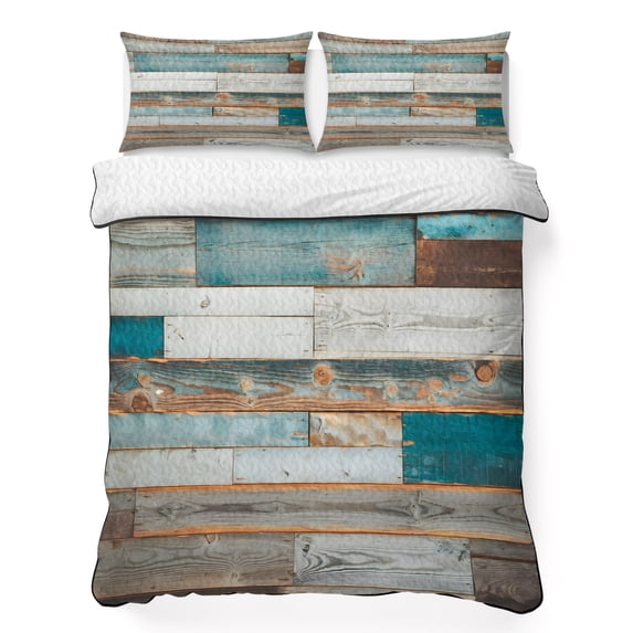 Twin Quilt Set 68''x86'', Turquoise Brown Lightweight Summer Bedspread Coverlet Set with 2 Pillow Shams, Vintage Country Ombre Wooden Grain Breathable All Season Quilt Bedding for Dorm/Bedroom