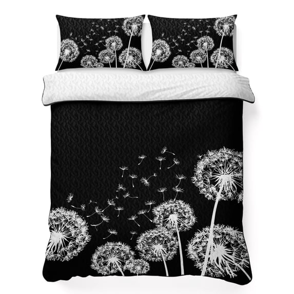 Twin Quilt Set 68''x86'', White Dandelion Lightweight Summer Bedspread Coverlet Set with 2 Pillow Shams, Spring Flowers Botanical Vintage Black Breathable All Season Quilt Bedding for Dorm/Bedroom