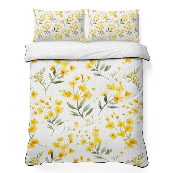 Twin Quilt Set 68''x86'', Yellow Flowers Spring Lightweight Summer Bedspread Coverlet Set with 2 Pillow Shams, Elegant Farmhouse Botanical Breathable All Season Quilt Bedding for Dorm/Bedroom