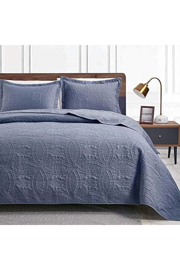 Twin Quilt Set Blue Bedspreads - Soft Bed Summer Lightweight Bedspread Comforter - Modern Style Coin Pattern Coverlet for All Season - 2 Pieces (1 Quilt, 1 Pillow Sham)