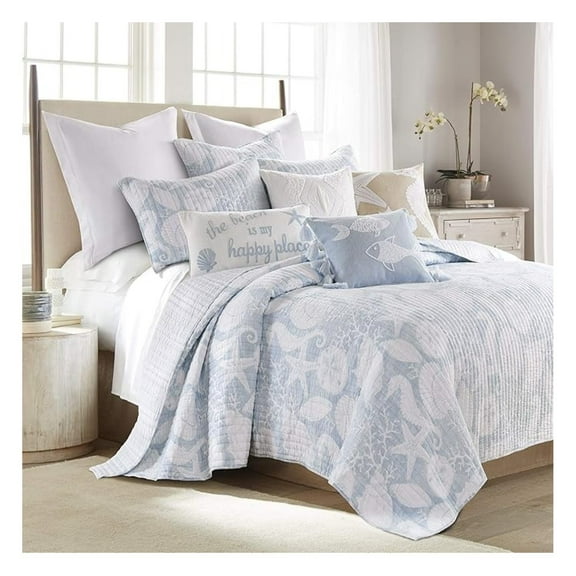 Twin Quilt Set Coastal Blue and White, 68x86in Quilt & 20x26in Sham, Reversible Cotton Bedding by LEVTEX White/Spa