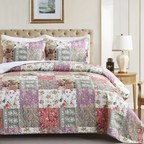 Twin Quilt Set, GREAGLE 2-Piece Warm Lightweight Rustic Patchwork Multi-Color Vivid Coverlet Full Bedspreads Set with Pillow Shams, 68x90 inch, Classic Idyllic Foral and Leaf Plaid Print