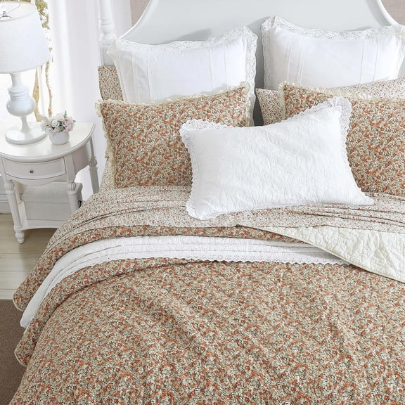 Twin Quilt Set Lightweight Cotton Bedding Vintage Floral Burnt Orange with Matching Sham
