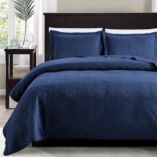 Twin Quilt Set Navy Blue Bedspreads - Soft Bed Summer Lightweight Bedspread Comforter - Modern Style Wave Pattern Coverlet for All Season - 2 Pieces (1 Quilt, 1 Pillow Sham)