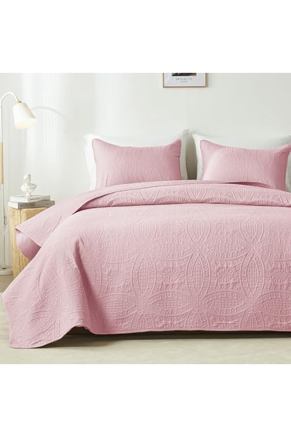 Twin Quilt Set,Pink Lightweight Bedspread with Coin Pattern, Soft Microfiber Coverlet for All Seasons, Elegant Modern Home Style (1 Quilt, 1 Pillow Sham)
