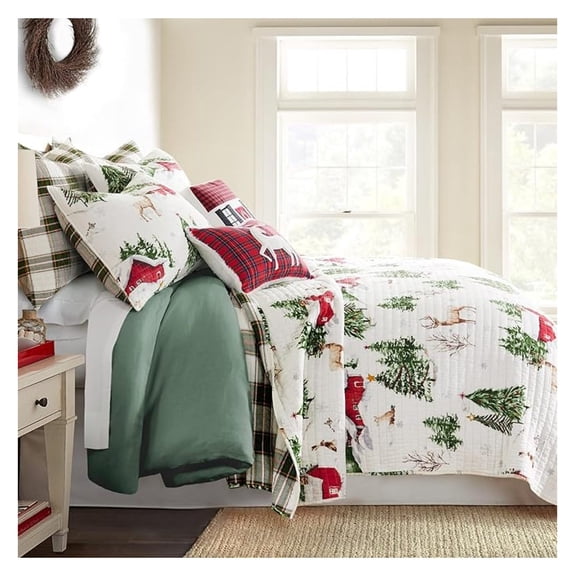 Twin Quilt Set - Tatum Pines Christmas Quilt 68x86 & Pillow Sham - Red, Green Cabin Design - Reversible Cotton Quilt - Holiday Bedroom Decor