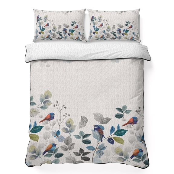 Twin Quilt - Soft Microfiber Summer Quilt with 2 Pillow Shams, Eucalyptus Leaves Lightweight Breathable Bedding Comforter Sets, Retro Farmhouse Botanical Floral Birds Quilted Bedspread
