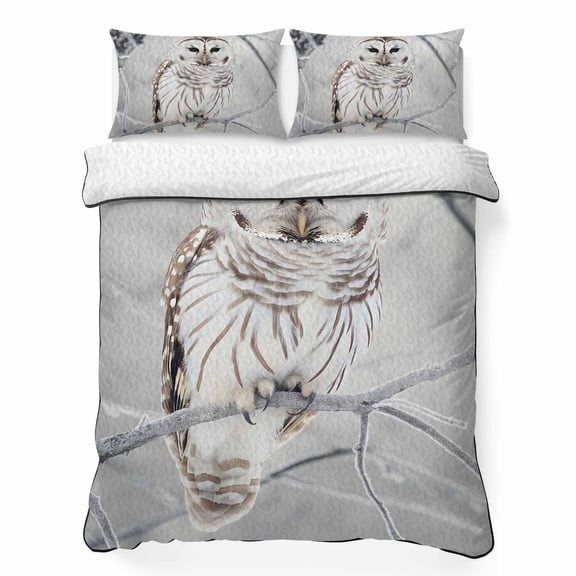 Twin Quilt - Soft Microfiber Summer Quilt with 2 Pillow Shams, White Owl Lightweight Breathable Bedding Comforter Sets, Farmhouse Animal Birds Tree Branches Quilted Bedspread for All Season