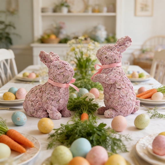 Twin Rabbits Sculpture Set with Floral Details, Small Resin Bunny Figurines, Easter Valentine's Day Home Table Decor, Cute Couple Gift & Spring Holiday Decorative Accent