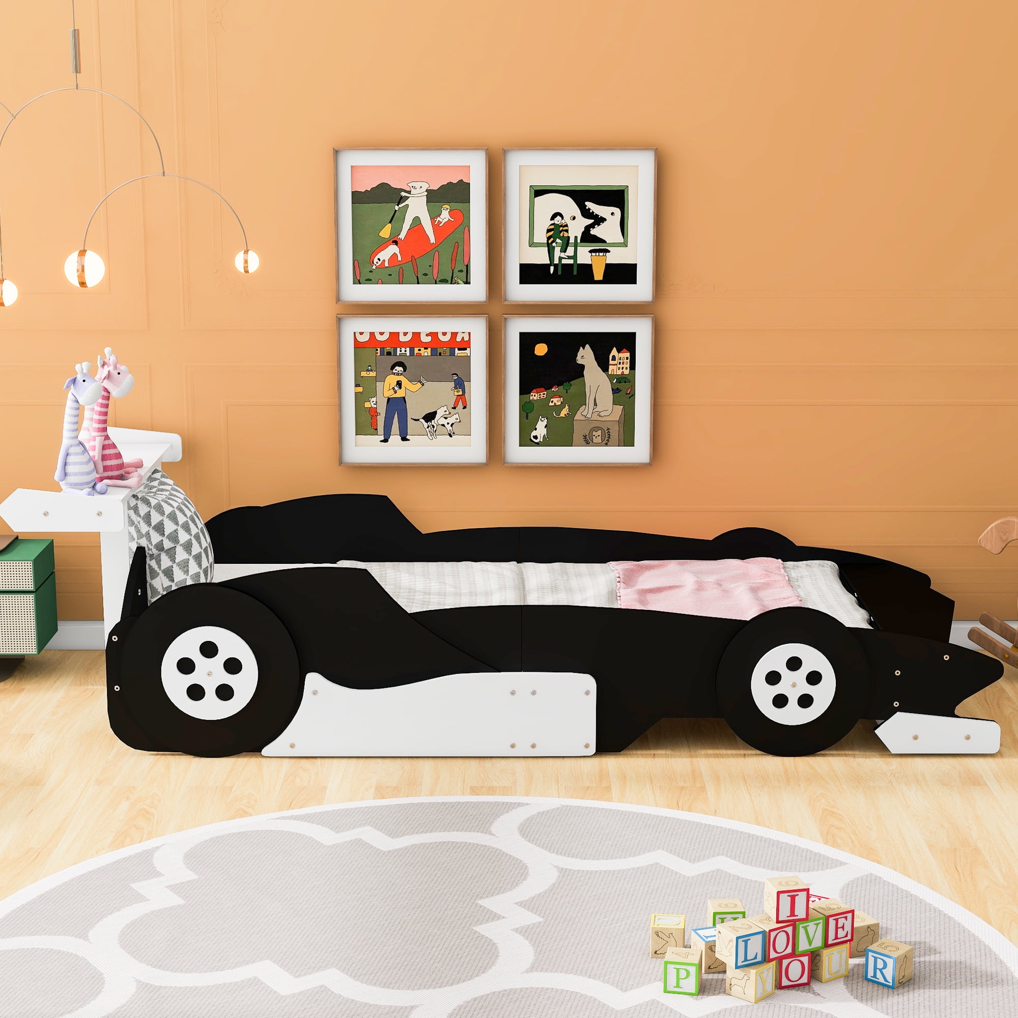 Twin Race Car Bed, Black Themed Bed with Wheels, Fun Car Shaped Platform Bed with Side Rails, No Box Spring Needed, Black