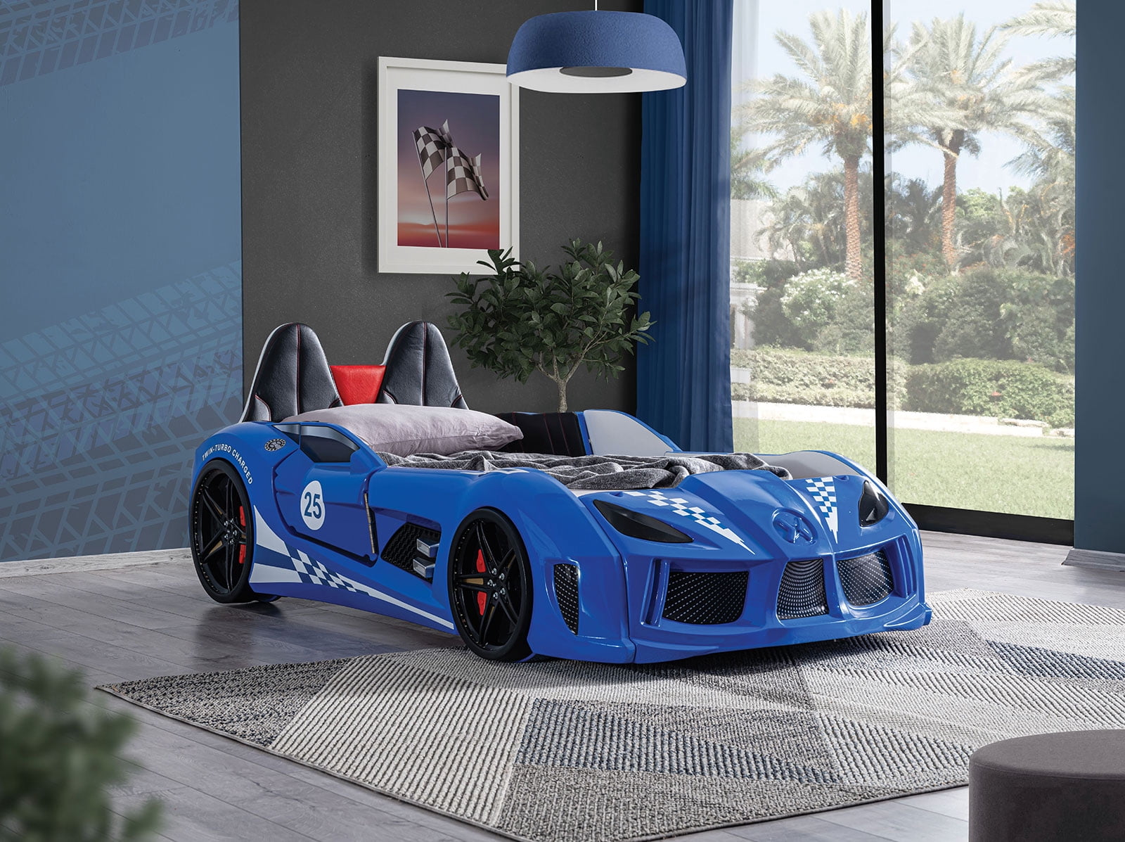 Twin Race Car Bed - Blue, Twin Size, Modern Design w/ LED Lights ...