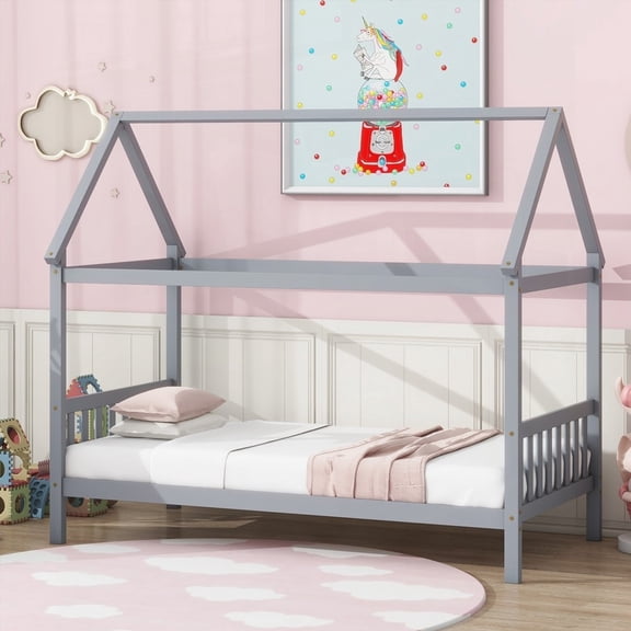 Twin Rubber Wood Bed having a House-shaped Design and Headboard/Footboard, in Light Grey